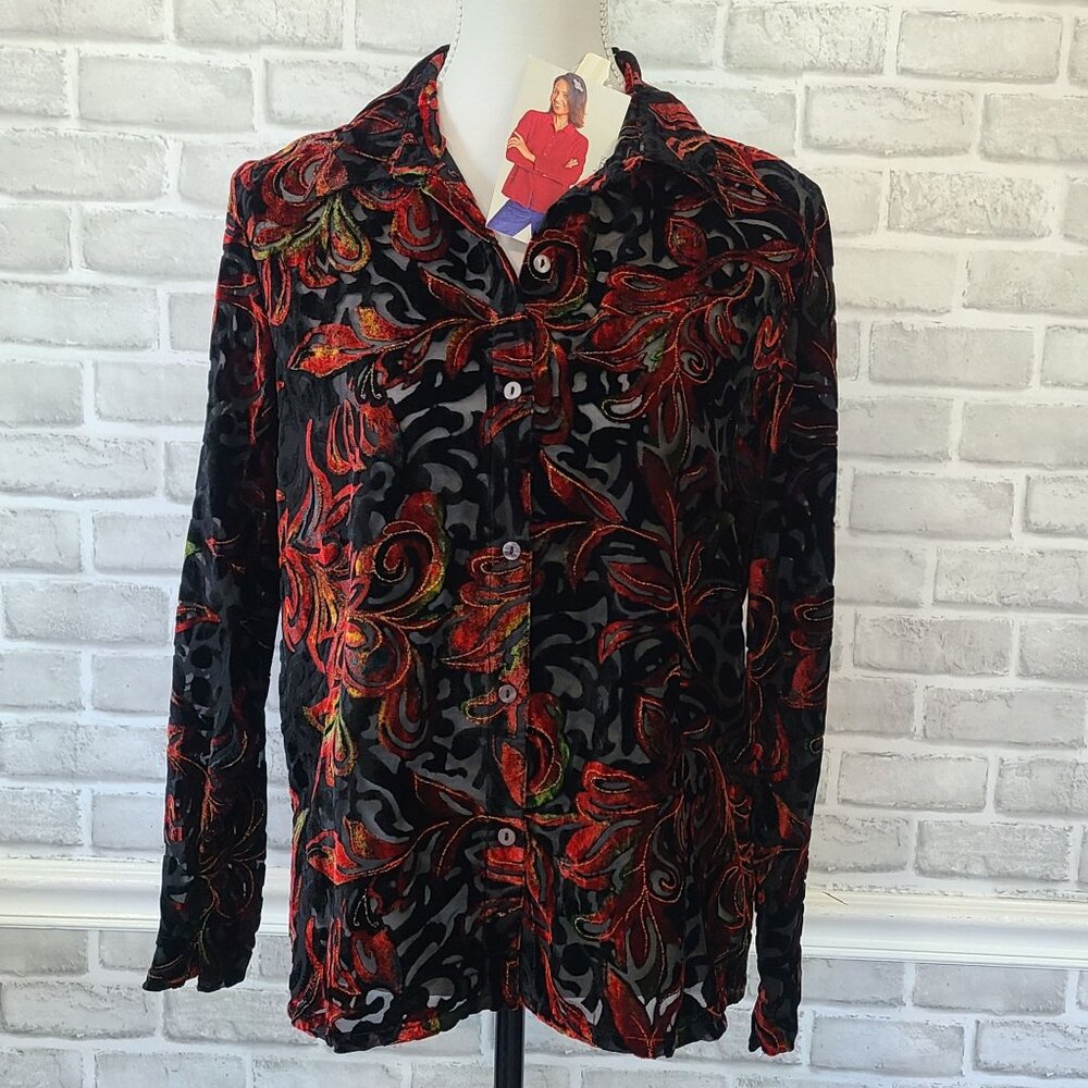 Vintage Y2K Velvet Burnout Long Sleeve Button Shirt NEW NOS Whimsigoth S Blouse